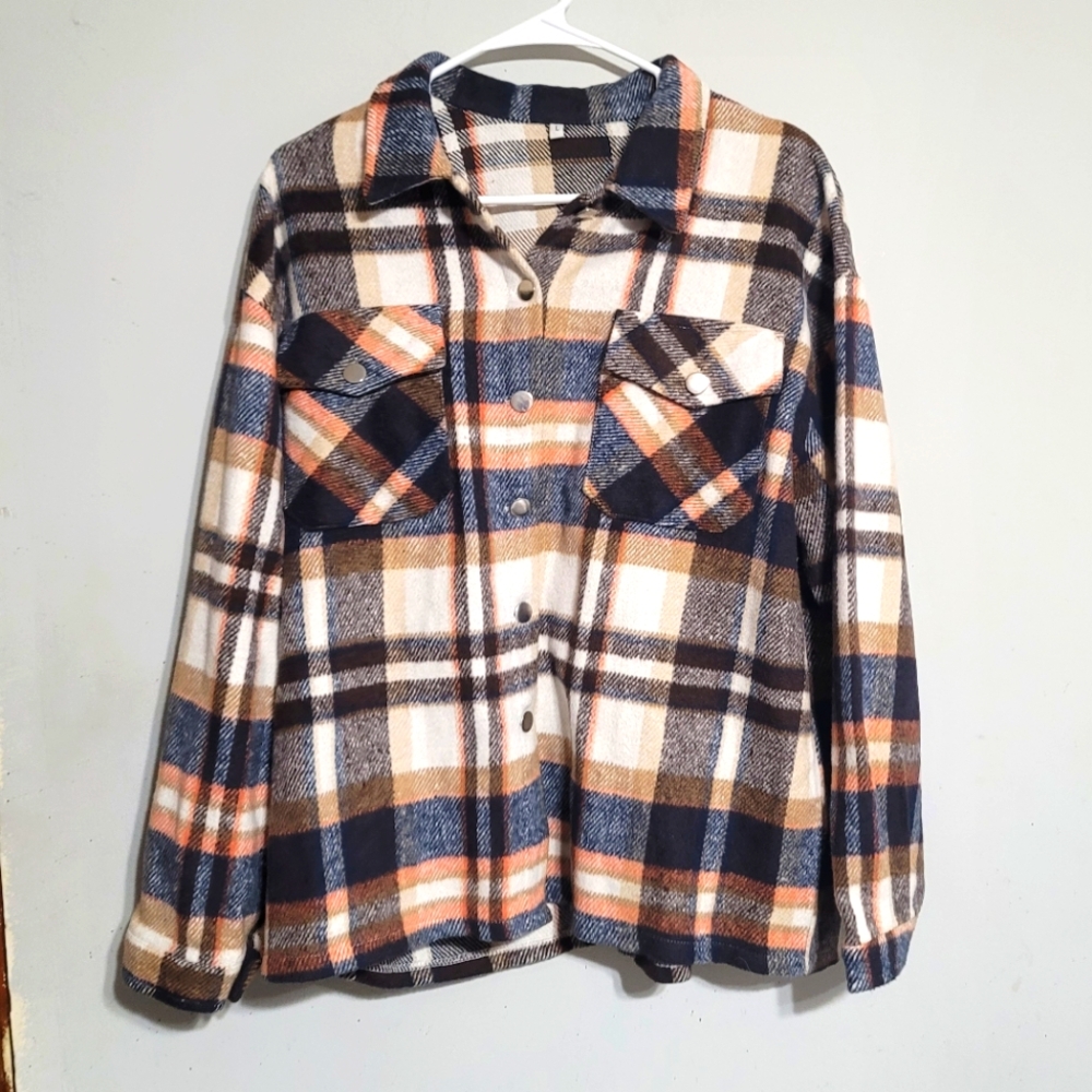 Plaid Shacket Top Size Large‎ Flannel Button Up Shirt Orange Cream Navy Black